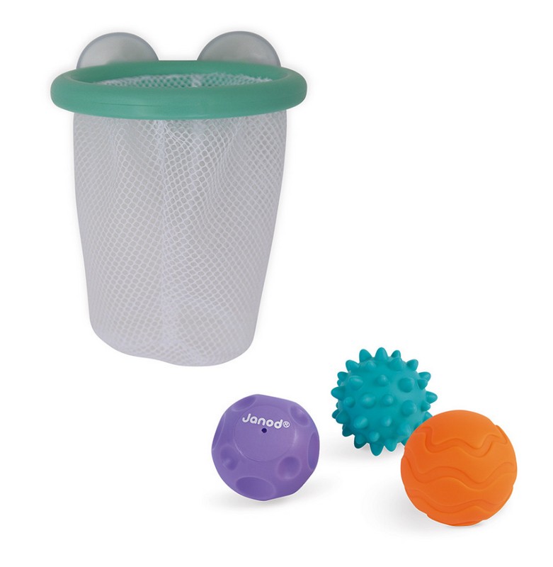 Gioco basket multisensoriale per bambini con canestro con ventosa e 3 palline diverse, adatto dai 12 mesi in su